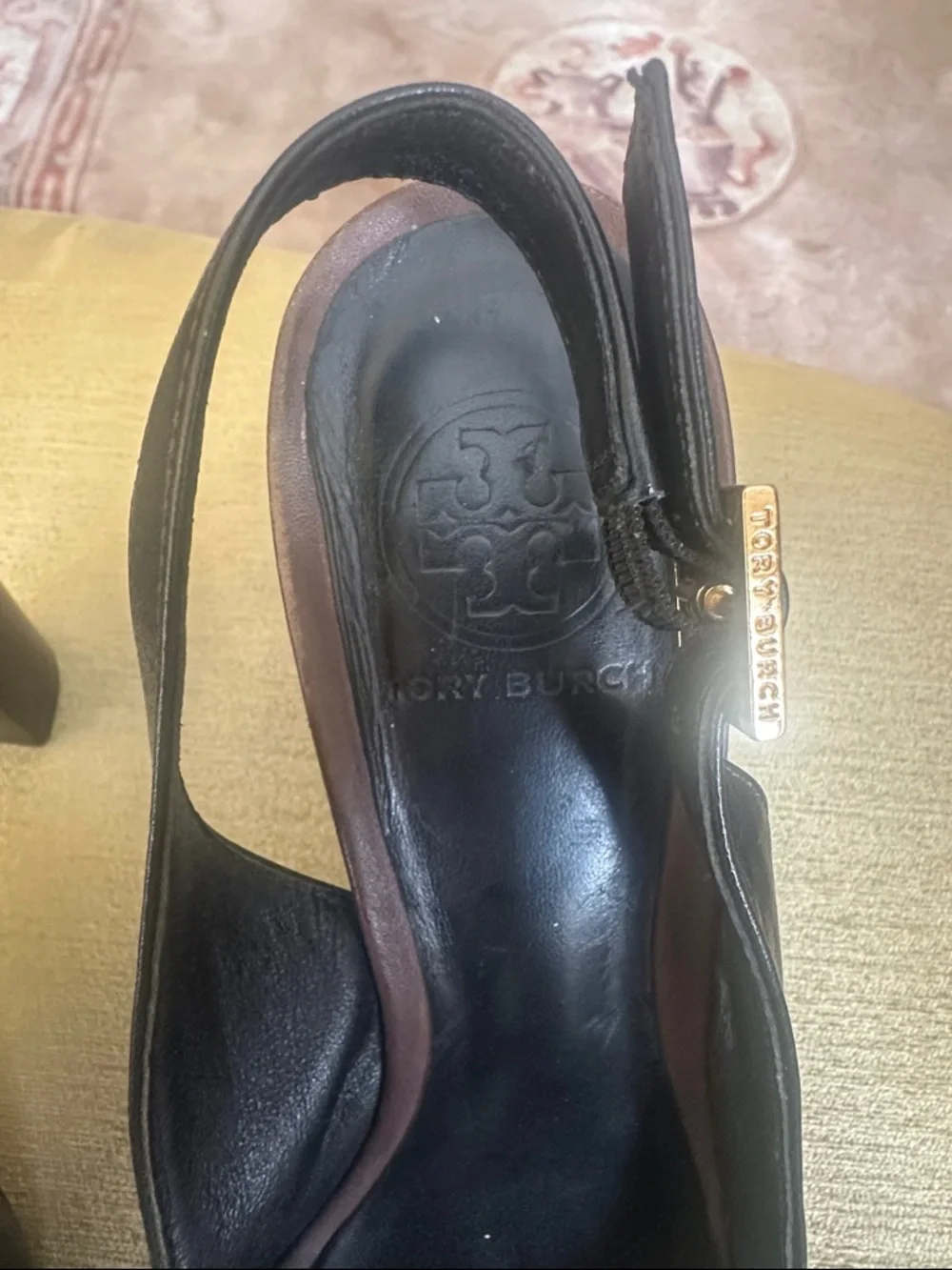 Tory Burch Black Leather Slingback Peep-Toe Heels with Buckle Detail Size 8.5